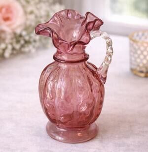 Vintage Fenton Cranberry Pink Diamond Optic Ruffled Glass Vase Pitcher 8-1/2”